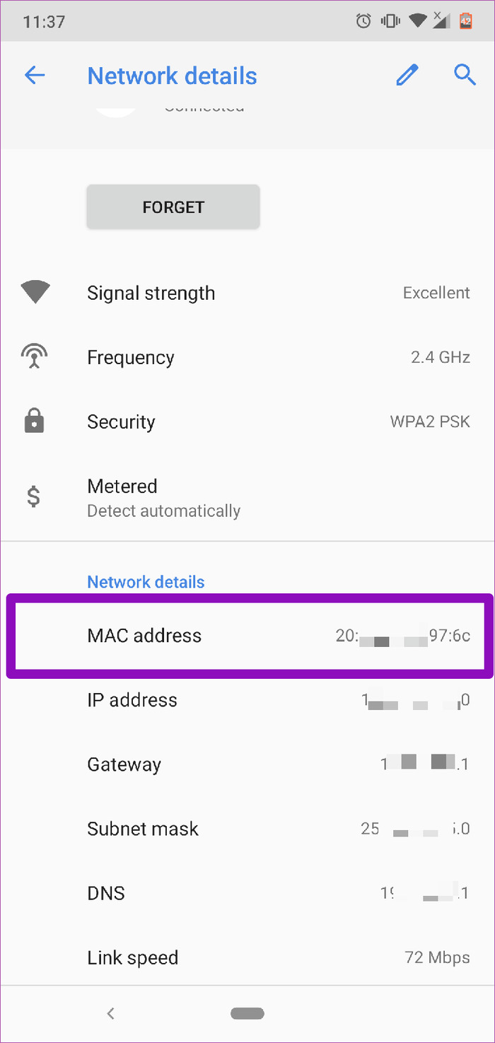 check the mac address for android